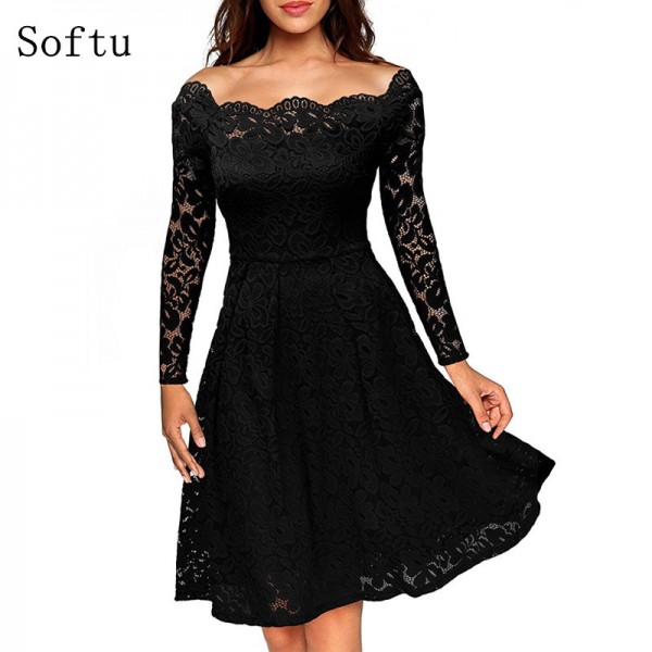 Softu Elegant Sexy Lace Party Dress Slash Neck Off the Shoulder Black Dresses Long Sleeve High Waisted Summer Vestido