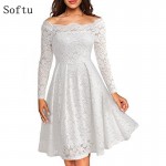 Softu Elegant Sexy Lace Party Dress Slash Neck Off the Shoulder Black Dresses Long Sleeve High Waisted Summer Vestido