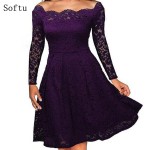 Softu Elegant Sexy Lace Party Dress Slash Neck Off the Shoulder Black Dresses Long Sleeve High Waisted Summer Vestido