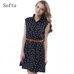 Softu Hot Sale Women's Fashion Summer Casual Shirts Dress Sleeveless Tank Knee Length A Line Dress Cat Printed Dresses With Belt