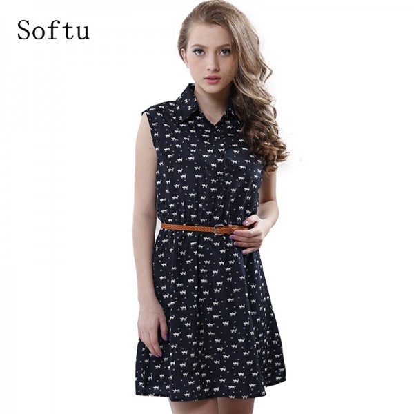 Softu Hot Sale Women's Fashion Summer Casual Shirts Dress Sleeveless Tank Knee Length A Line Dress Cat Printed Dresses With Belt