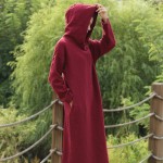 Solid Black Red Long sleeve Hooded Mid Long Dress Women Autumn Cotton Linen Vintage Dress Novelty Hooded Vestidos Robe 5071