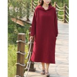 Solid Black Red Long sleeve Hooded Mid Long Dress Women Autumn Cotton Linen Vintage Dress Novelty Hooded Vestidos Robe 5071