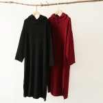 Solid Black Red Long sleeve Hooded Mid Long Dress Women Autumn Cotton Linen Vintage Dress Novelty Hooded Vestidos Robe 5071