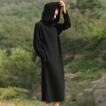 Solid Black Red Long sleeve Hooded Mid Long Dress Women Autumn Cotton Linen Vintage Dress Novelty Hooded Vestidos Robe 5071