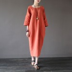 Solid Orange Blue 100% Cotton V-neck Women Long Dress Vintage Plus size Loose Casual Summer Dress Linen Robe Longue Femme A025