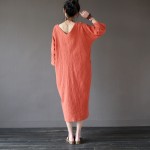 Solid Orange Blue 100% Cotton V-neck Women Long Dress Vintage Plus size Loose Casual Summer Dress Linen Robe Longue Femme A025