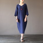 Solid Orange Blue 100% Cotton V-neck Women Long Dress Vintage Plus size Loose Casual Summer Dress Linen Robe Longue Femme A025