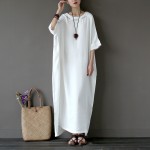 Solid White Plus size Linen Embroidery Women Long Dress Original Oversized Summer Dress Linen Brand Robe Longue Femme A042