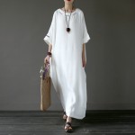 Solid White Plus size Linen Embroidery Women Long Dress Original Oversized Summer Dress Linen Brand Robe Longue Femme A042