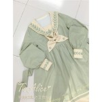 Song for Leaves Cute Girls Vintage Dolly Pale Green Dress Letters & Leaf Embroidery Winter Long Sleeve Lolita Dress with Bow