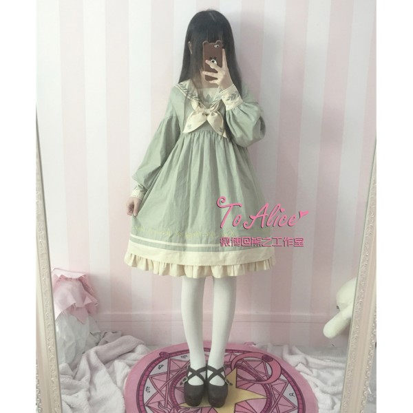 Song for Leaves Cute Girls Vintage Dolly Pale Green Dress Letters & Leaf Embroidery Winter Long Sleeve Lolita Dress with Bow