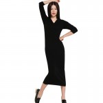 Sparsil Women Autumn&Spring Long Cashmere Blend Dress V-neck Ladies Club&Party Dresses Elegant Female Evening Vintage Vestido