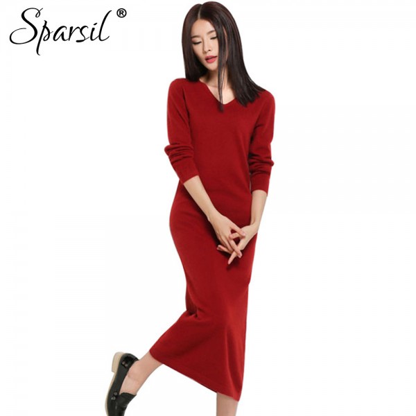 Sparsil Women Autumn&Spring Long Cashmere Blend Dress V-neck Ladies Club&Party Dresses Elegant Female Evening Vintage Vestido