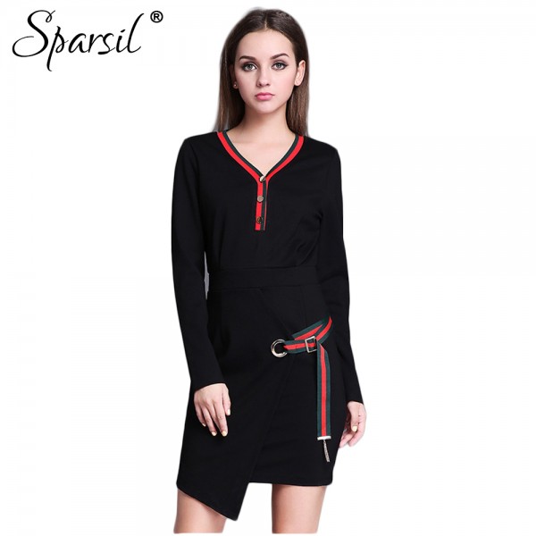 Sparsil Women Spring Summer V- Neck Mini Dress With Sashes New Design Above Knee Dresses Female With Fashion Hem A-Line Dress