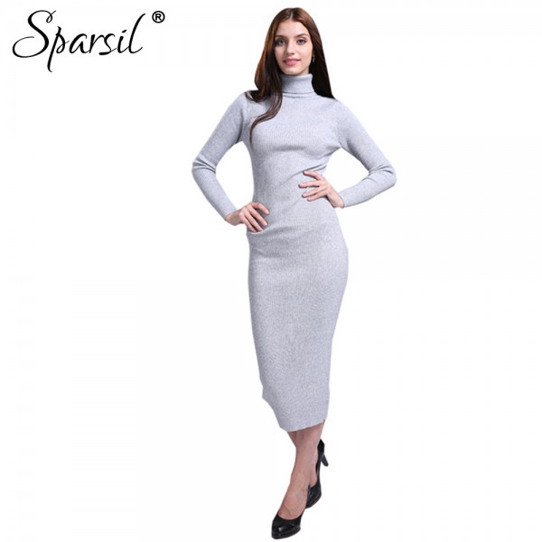 Sparsil Women Winter Cashmere Blend Turtleneck Long Dress Autumn Lady Sexy Club Dresses Elegant Female Evening Party Vestido