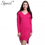 Sparsil Women's Autumn Simple V-Neck Long Sleeve Cashmere Blend Dress Winter Fashion Irregular Hem Style Knitted Mini Dresses