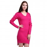 Sparsil Women's Autumn Simple V-Neck Long Sleeve Cashmere Blend Dress Winter Fashion Irregular Hem Style Knitted Mini Dresses