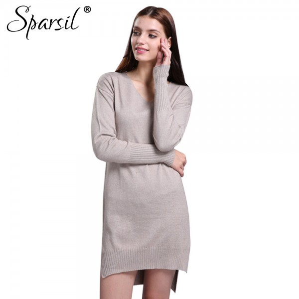 Sparsil Women's Autumn Simple V-Neck Long Sleeve Cashmere Blend Dress Winter Fashion Irregular Hem Style Knitted Mini Dresses