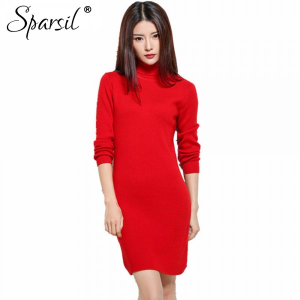 Sparsil Women's Spring Cashmere Blend Turtleneck Knitted Dress Elegant Female Full Sleeve Vintage Mini Dresses