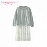 Special Offer Aelegantmis Fashion Rhinestone Elegant Lace Dress Women Grey White Patchwork Long Sleeve Loose Shirt Dress Ladies