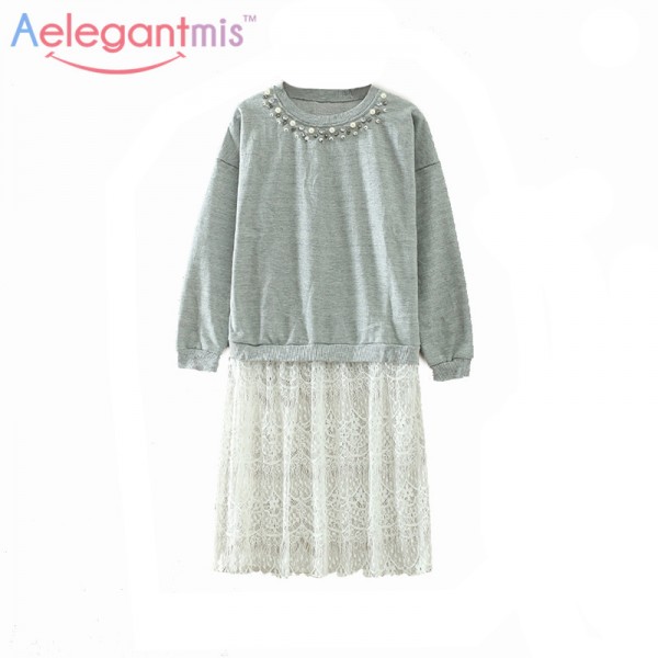 Special Offer Aelegantmis Fashion Rhinestone Elegant Lace Dress Women Grey White Patchwork Long Sleeve Loose Shirt Dress Ladies