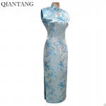 Special Offer Light blue Chinese Women's Satin Halter Cheongsam Long Dress Qipao Mujeres Vestido Flower S M L XL XXL XXXL J3031