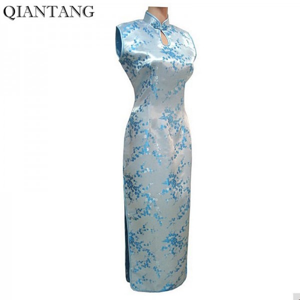 Special Offer Light blue Chinese Women's Satin Halter Cheongsam Long Dress Qipao Mujeres Vestido Flower S M L XL XXL XXXL J3031