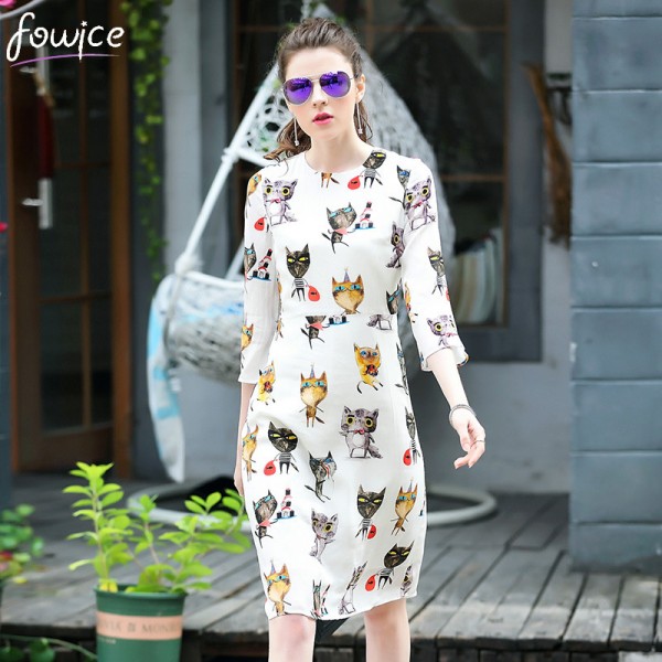 Spring 2017 Fashion Newest Print Slim Women Dress Casual White Black Three Quarter Sleeve Above Knee, Mini Female Vestido