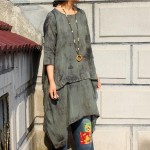 Spring 2017 New Women Pullover Dress Tie Dye Vintage Three Quarter Sleeve Round Neck Loose Plus Size Irregular Dress