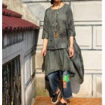 Spring 2017 New Women Pullover Dress Tie Dye Vintage Three Quarter Sleeve Round Neck Loose Plus Size Irregular Dress