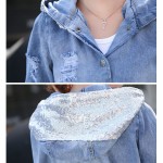 Spring Autumn Oversized Jeans Jacket Women Loose Sequin Hooded Jean Jacket Coat Female Ripped Boyfriend Denim Jackets Basic