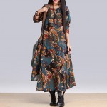 Spring Autumn Style cotton linen vintage print plus size women casual loose long dress party vertidos feminino 2016 dresses