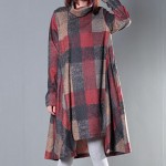 Spring Autumn Turtleneck Women Dress Loose Casual Irregular Wool Dress Plaid Long Sleeve Vintage Dress Size M-2XL