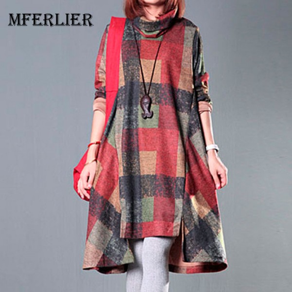 Spring Autumn Turtleneck Women Dress Loose Casual Irregular Wool Dress Plaid Long Sleeve Vintage Dress Size M-2XL