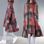 Spring Autumn Turtleneck Women Dress Loose Casual Irregular Wool Dress Plaid Long Sleeve Vintage Dress Size M-2XL