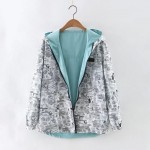 Spring Autumn Women Bomber Basic Jacket Pocket Zipper Hooded Two Side Wear Cartoon Print Outwear Loose Plus Size Coat XXXL