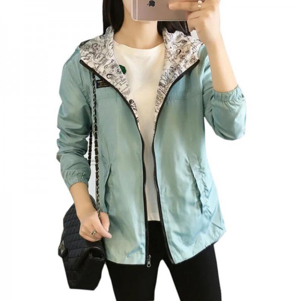 Spring Autumn Women Bomber Basic Jacket Pocket Zipper Hooded Two Side Wear Cartoon Print Outwear Loose Plus Size Coat XL-3XL