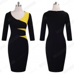 Spring Autumn Women Casual Office Business Colorblock Contrast Patchwork Tunic Fitted Bodycon Pencil Dress EB346