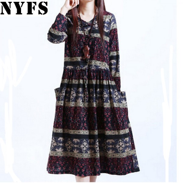 Spring Autumn Women long dress Ladies Vintage LITERATURE loose Cotton Linen plus size 2018 Vestidos Robe Dresses