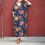 Spring Dress O Neck Leisure Loose Three Quarter Sleeve Long Dress Cotton and Linen Dress Oversized  Vintage Maxi Dress