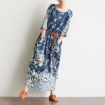 Spring Dress O Neck Leisure Loose Three Quarter Sleeve Long Dress Cotton and Linen Dress Oversized  Vintage Maxi Dress