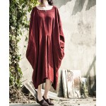 Spring Dress Plus Size Clothing Loose Women Dress Linen Irregular Cotton Dress Solid Long Sleeve O Neck Vintage Dress Oversized