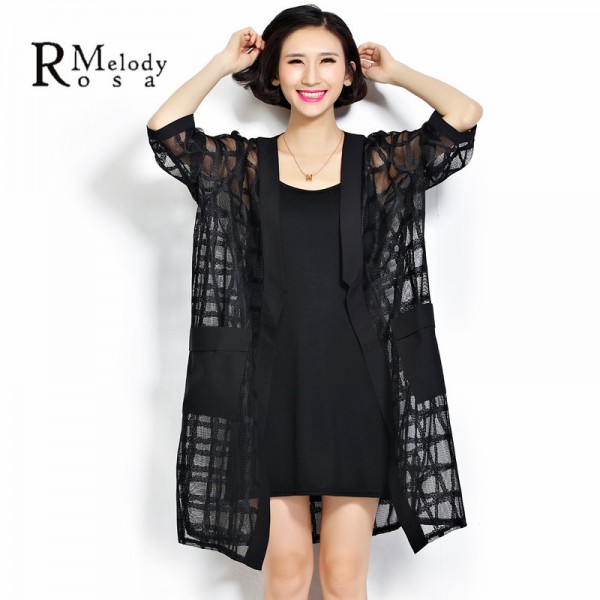 Spring Plus Size Women Clothing Fashion Half Sleeve Long Black Perspective Women Mesh Cardigan without Vest(R.Melody KS0001)