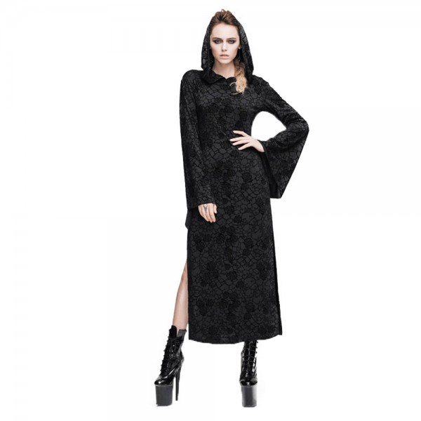 Steampunk Sexy Hoodie Dress knitting Hollow Out Black Dress Witch Gothic Women Hooded Desses Renaissance Costume 