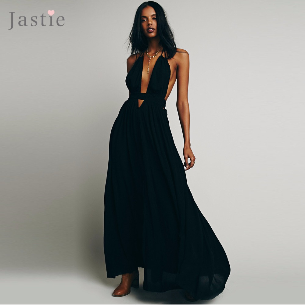 Stretchy Hollow Waist Deep V Neck Maxi Dresses Backless Halter Neck