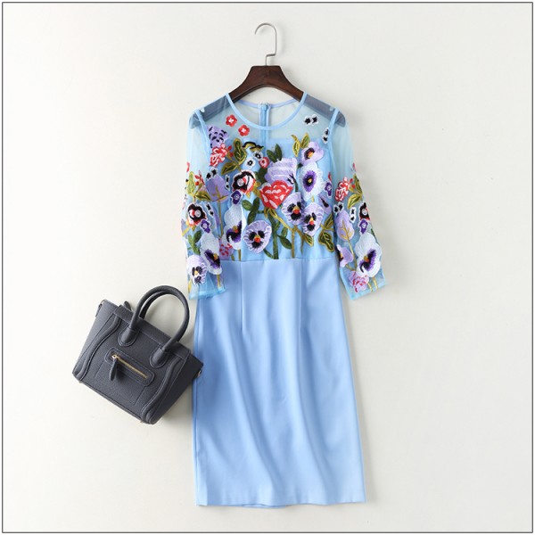 Stunning New 2017 spring autumn fashion women floral heavy embroidery sexy dress 3/4 sleeve patchwork mesh elegant dresses XXL