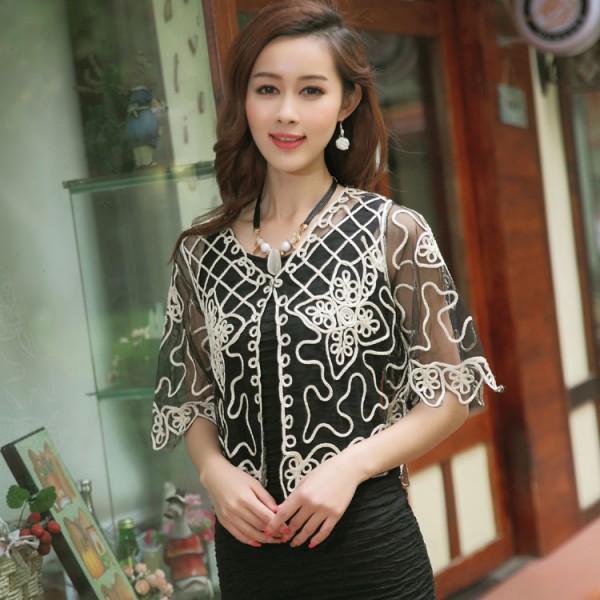 Summer 2016 Women Knitted Cardigan Elegant Perspective Lace Coat Gauze Lacing Boleros Small Chiffon Shawl High Quality