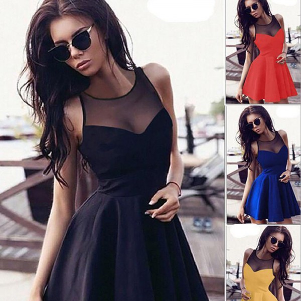 Summer 2016 Women New Style Short Sleeveless Mesh Party Dresses Sexy A-Line Dresses Casual Elegant Gril