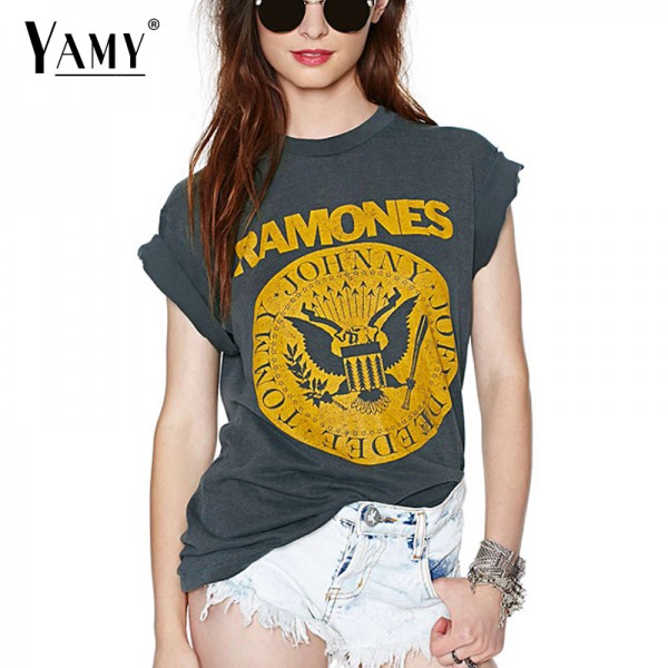 Summer 2017 punk rock T shirt Women Tops Tees Short sleeve o neck grey summer T-shirt RAMONES printed Top Plus size